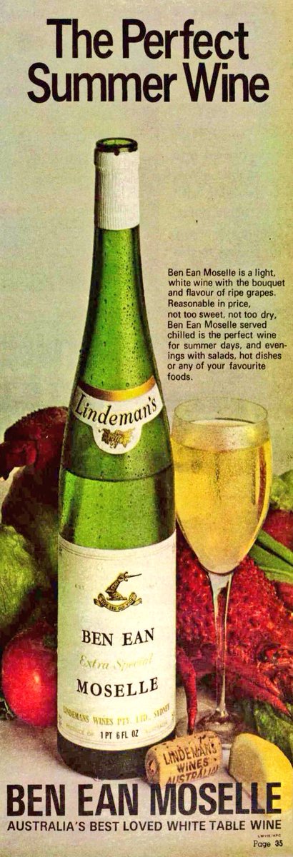 Time for Friday night drinks, and the tale of Ben Ean Moselle. For a decade from the mid-70s, my dad was national distribution manager for Lindeman’s and at one point, he shipped 12 million dozen bottles of Ben Ean every year.