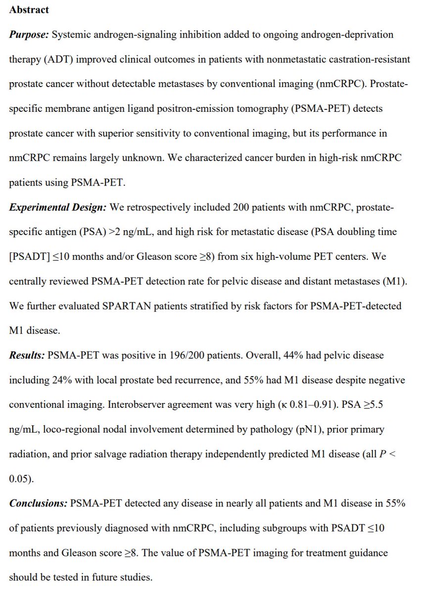 'Nonmetastatic' Castration-Resistant Prostate Cancer is now officially a misnomer. New research in patients with normal CT and bone scans, show almost 100% PSMA PET+, 55% with M1 disease. clincancerres.aacrjournals.org/content/early/… @gu_onc