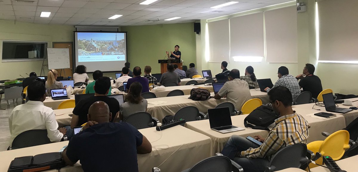 OpenSourceMANO's tweet photo. Last session of the week “WhiteNFV Barcelona” live demo by Jose Miguel Guzman ⁦@WhiteStack⁩ #OSMhackfest7 #opensource #NFV #orchestration #OpenSourceMANO #community https://t.co/Nirqm2V1Q9