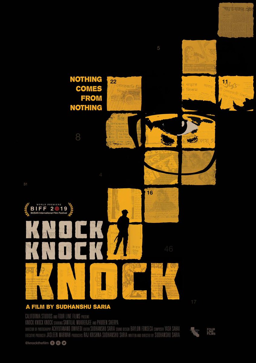 Take a look at the poster of #SudhanshuSaria's #KnockKnockKnock. The film stars #SantilalMukherjee & #PhudenSherpa & it will premiere at @busanfilmfest 2019.