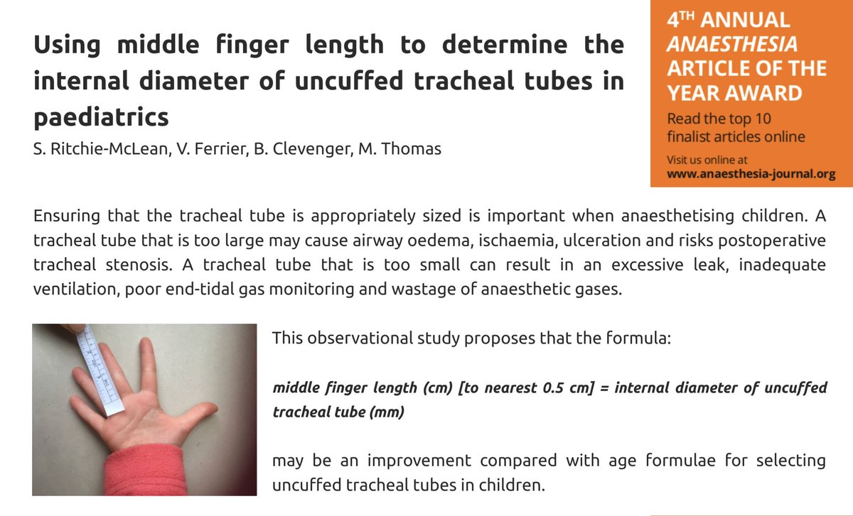 𝘈𝘯𝘢𝘦𝘴𝘵𝘩𝘦𝘴𝘪𝘢 10 Using Middle Finger Length To Determine The Internal Diameter Of Uncuffed Tracheal Tubes In Paediatrics Great Paper From Drmarkthomas Anaestop10 T Co P11yygrjro T Co Flquhrdcpr 𝘈𝘯𝘢𝘦𝘴𝘵𝘩𝘦𝘴𝘪𝘢 10 Using Middle Finger Length To Determine The Internal Diameter Of Uncuffed Tracheal Tubes In Paediatrics Great Paper From Drmarkthomas Anaestop10 T Co P11yygrjro T Co Flquhrdcpr