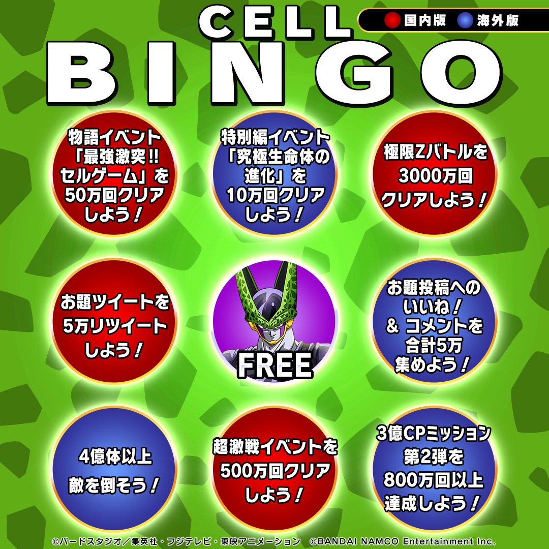 ドラゴンボールz ドッカンバトル 公式 セルゲーム開催 地球まるごと Snsキャンペーン Cell Bingo ビンゴカードのお題をクリアし ビンゴを揃えよう 日本と世界で担当のお題が分かれているぞ 最大の8ビンゴを目指せ 達成期限 9 24 9 59 お