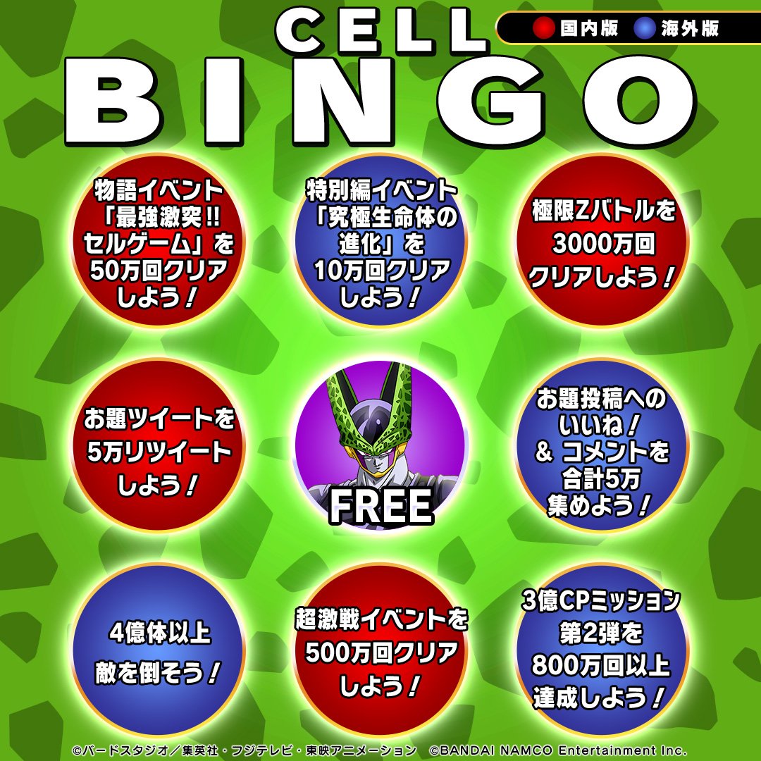 ドラゴンボールz ドッカンバトル 公式 Twitterren セルゲーム開催 地球まるごと Snsキャンペーン Cell Bingo ビンゴカードのお題をクリアし ビンゴを揃えよう 日本と世界で担当のお題が分かれているぞ 最大の8ビンゴを目指せ 達成期限 9 24 9 59 お