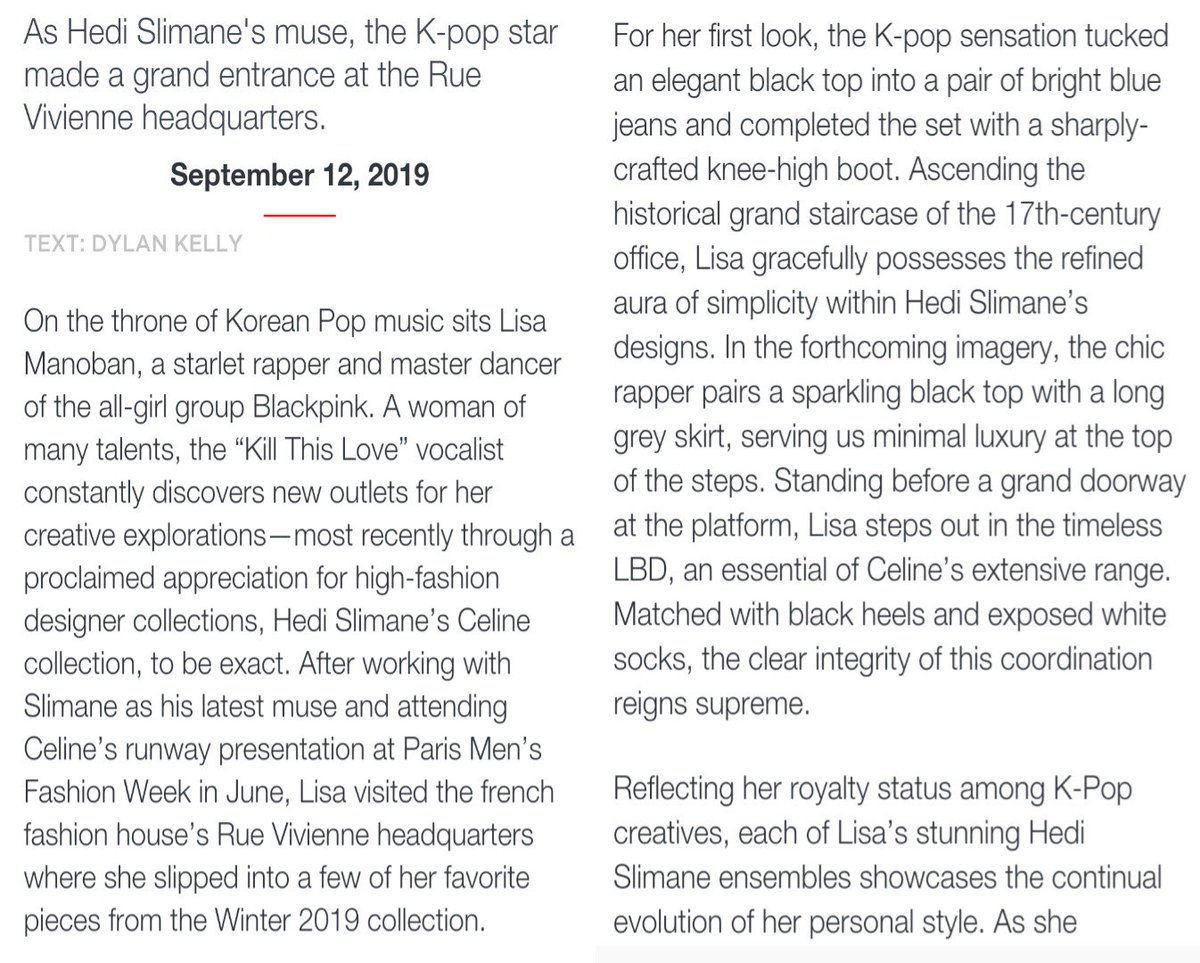 LISANATIONS_'s tweet photo. [IG] 190913 — V MAGAZINE's article about #Lisa:

"As Hedi Slimane's muse, the K-pop star made a grand entrance at the Rue Vivienne headquarters.”

“On the throne of Korean Pop music sits Lisa Manoban"

🔗https://t.co/K3mHWYFC6E

#리사 #BLACKPINK #블랙핑크 #LALISA @ygofficialblink https://t.co/Meq5Yfjxka