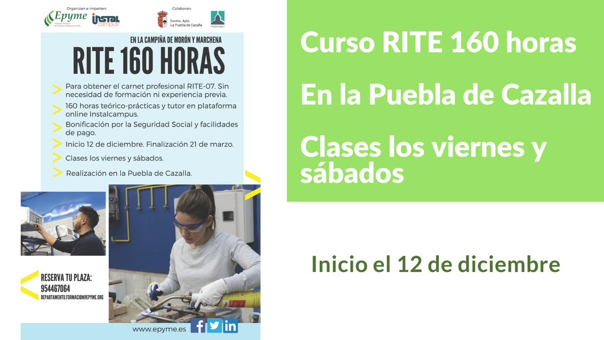 Gracias a nuestros acuerdos con <a href="/Prodepuebla1/">Prodepuebla SL</a>  y el Ayuntamiento de La Puebla de Cazalla nos llevamos nuestro curso de #rite de 160 horas a la Puebla de Cazalla con clases los viernes y sábados. Apúntate
epyme.es/content/curso_…