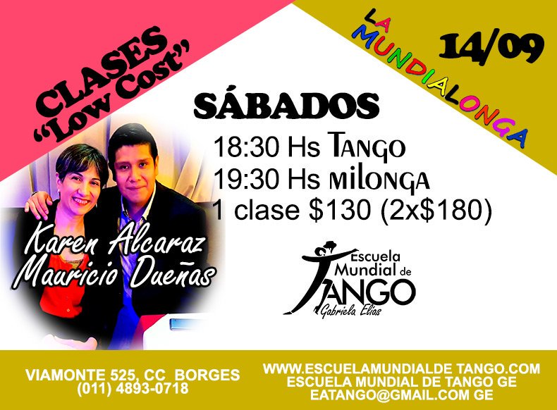 🔥🔥 #BuenSabado  14 de septiembre ‼️ Clases súper promos, todos los sábados junto a Mauricio Dueñas‼️
-18:30 h Clase de Tango ($130)
-19:30 h Clase de Tango y Milonga ($130). (Las 2 clases $180) 
⭕️No se requiere inscripción ni es necesario asistir en pareja. Viamonte 525, CABA