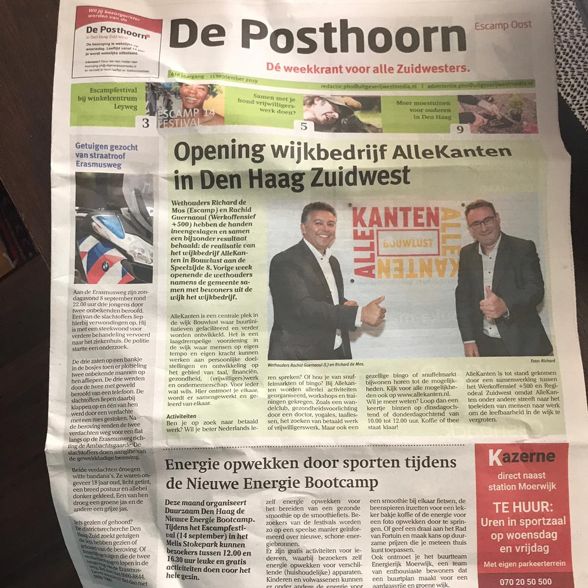 Een mooie stuk in De Posthoorn over de opening van Allekanten! #openingsfeest #deposthoorn #allekanten #escamp #bouwlust #denhaag #wethouders #rachidguernaoui #richarddemos #voorelkaar #metelkaar