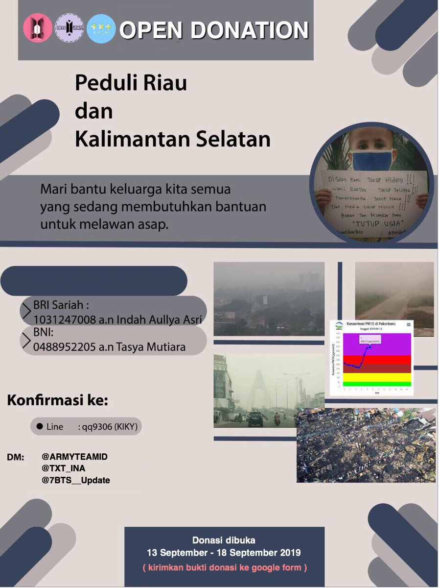 lovlysprings's tweet photo. [💜]

Halo ARMY ayo bantu warga di Kota Riau dan Kalimantan selatan. Bantu kota mereka dengan cara berdonasi

Retweet dan share yaa

Yang sudah berdonasi bisa kirim bukti ke ( https://t.co/RENPdcqBOK )
#saveriau #RiauDibakarBukanTerbakar 

@BTS_twt https://t.co/Ef9Qcq9A89