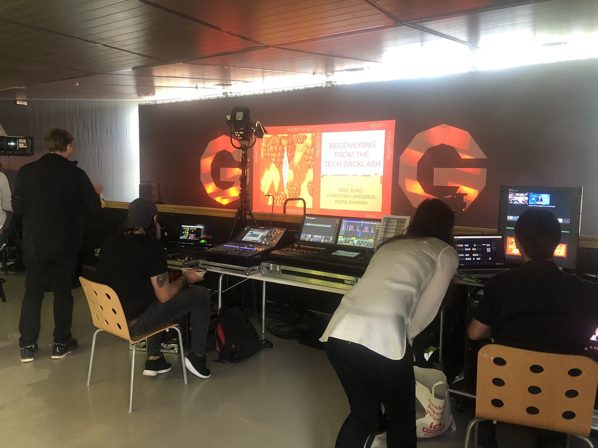 maddysavage's tweet photo. Lots of #tech backstage as we discuss recovering from the #techbacklash 😂 at #Gather2019. Nice sound crew originally from the UK, both recently relocated to Sweden to find work ahead of #Brexit https://t.co/f78nBx1VVQ