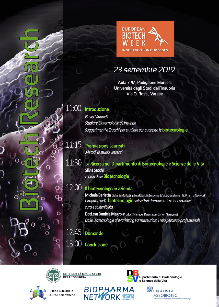 BioPharmatweet's tweet photo. Durante la #BiotechWeek – dal 23 al 29 settembre, #BioPharmaNetwork sarà protagonista di tre diversi eventi a Padova, presso l'@Uni_Insubria e in @unimib.
Sul nostro sito i panel dove parteciperemo come associazione di manager del farmaceutico: https://t.co/ip1nDg8nFW. https://t.co/SuQyHVNh4k