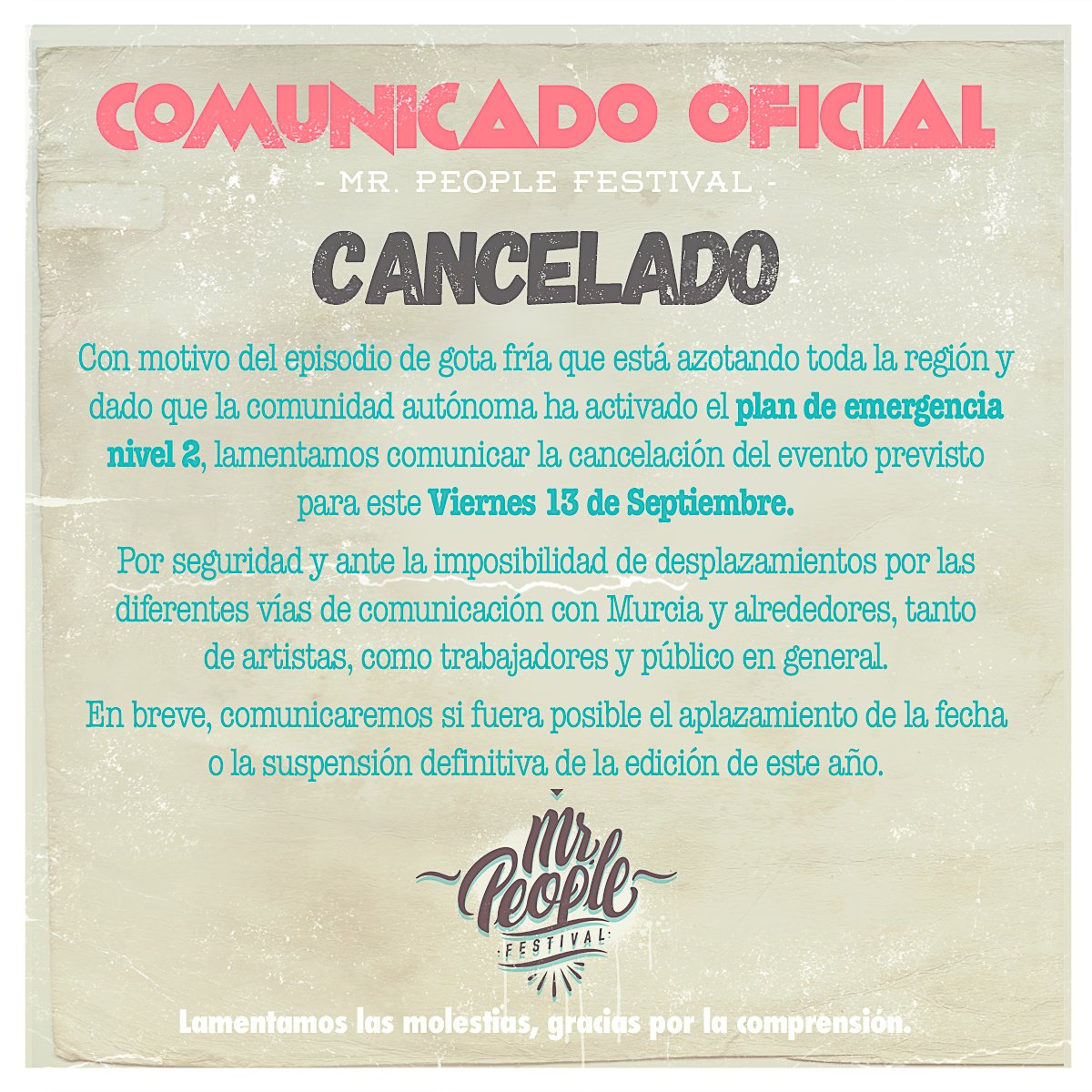 Tras decisión conjunta con el Ayuntamiento de Mula, se ha decidido cancelar el festival.
Lamentamos los daños ocurridos y mandamos nuestro apoyo a las personas afectadas.
