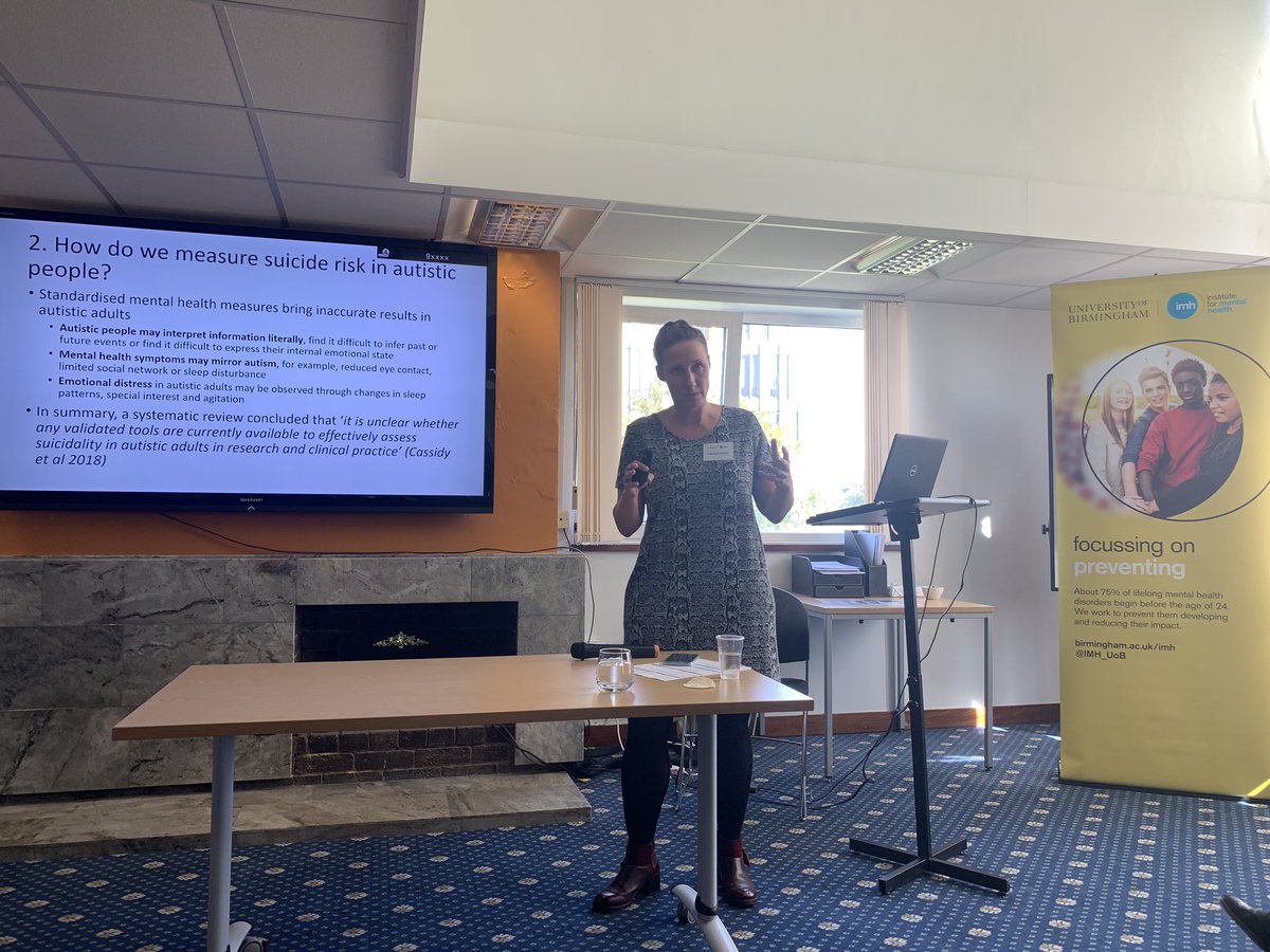 IMH_UoB's tweet photo. Our first Early Career Researcher session is off to a great start with @MiraPel1 sharing her research into how autistic people are at greater risk of suicide attempts due to feelings of loneliness, increased experiences of trauma & feeling like they don’t belong #ReachingOut2019 https://t.co/BNnUEJWe4Z