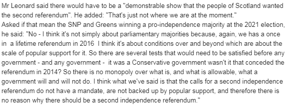 ChrisMusson's tweet image. Here's Scottish Labour leader Richard Leonard telling @petermacmahon that his party does not think a pro-indy Holyrood majority in 2021 would be a mandate for #IndyRef2. Then he attempts to explain what would. Full quote in image.. I'm none the wiser
