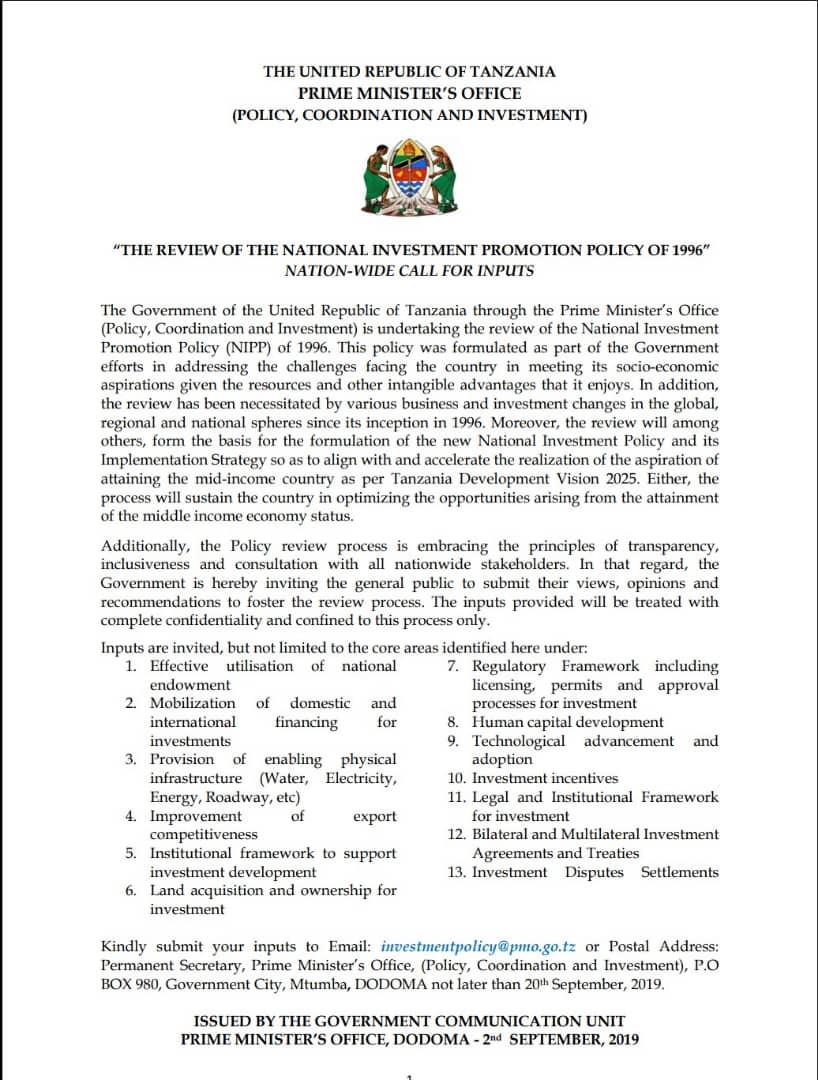 Call for inputs on the review of the national investment policy