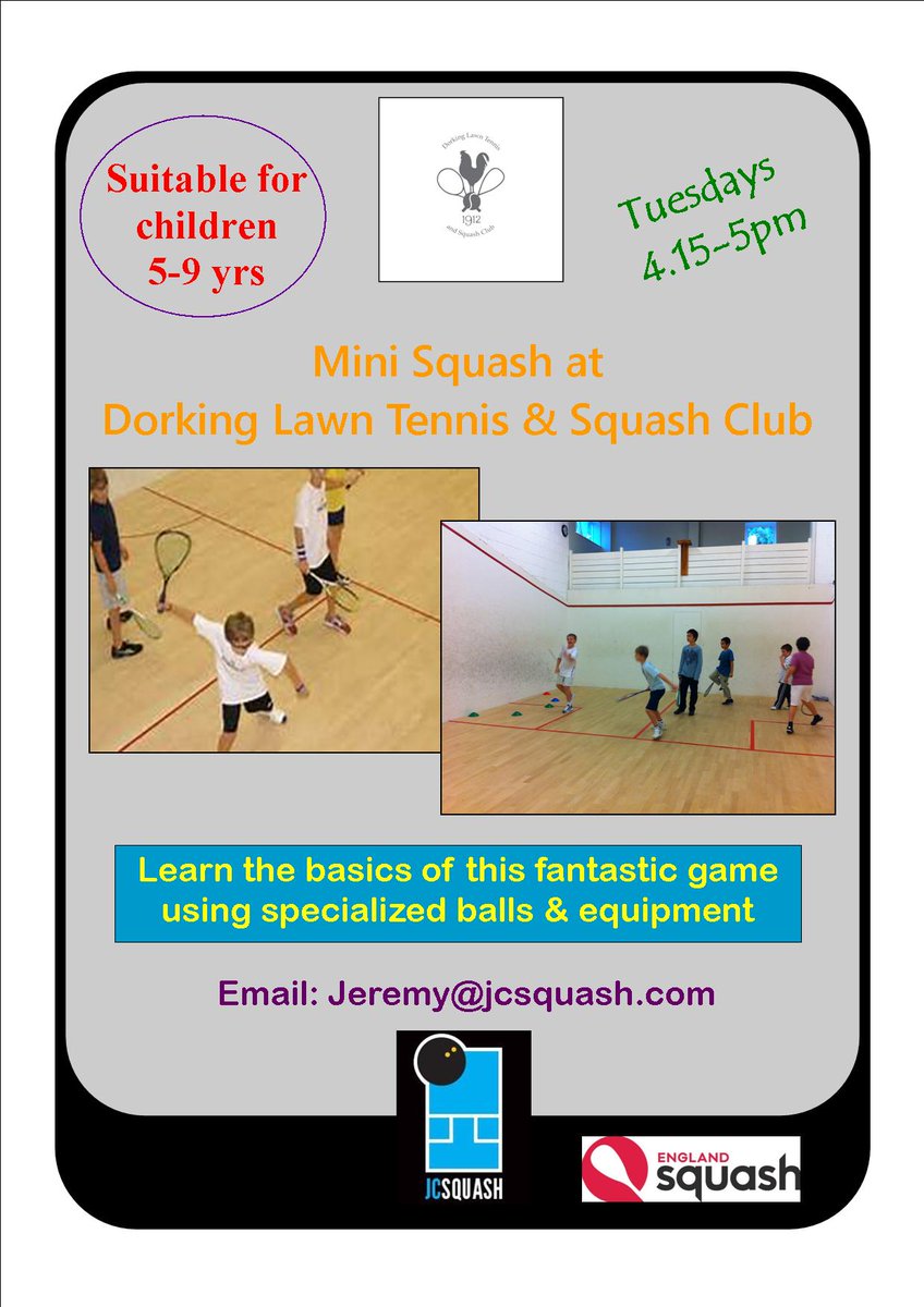 AW_Squash_Coach's tweet photo. New Mini Squash session starting @DLTSClub (Dorking Squash Club) for 5-9 year old children on Tuesdays 4.15-5pm. If you are interested, please see the flier below for more details https://t.co/X992Z7Nmu3