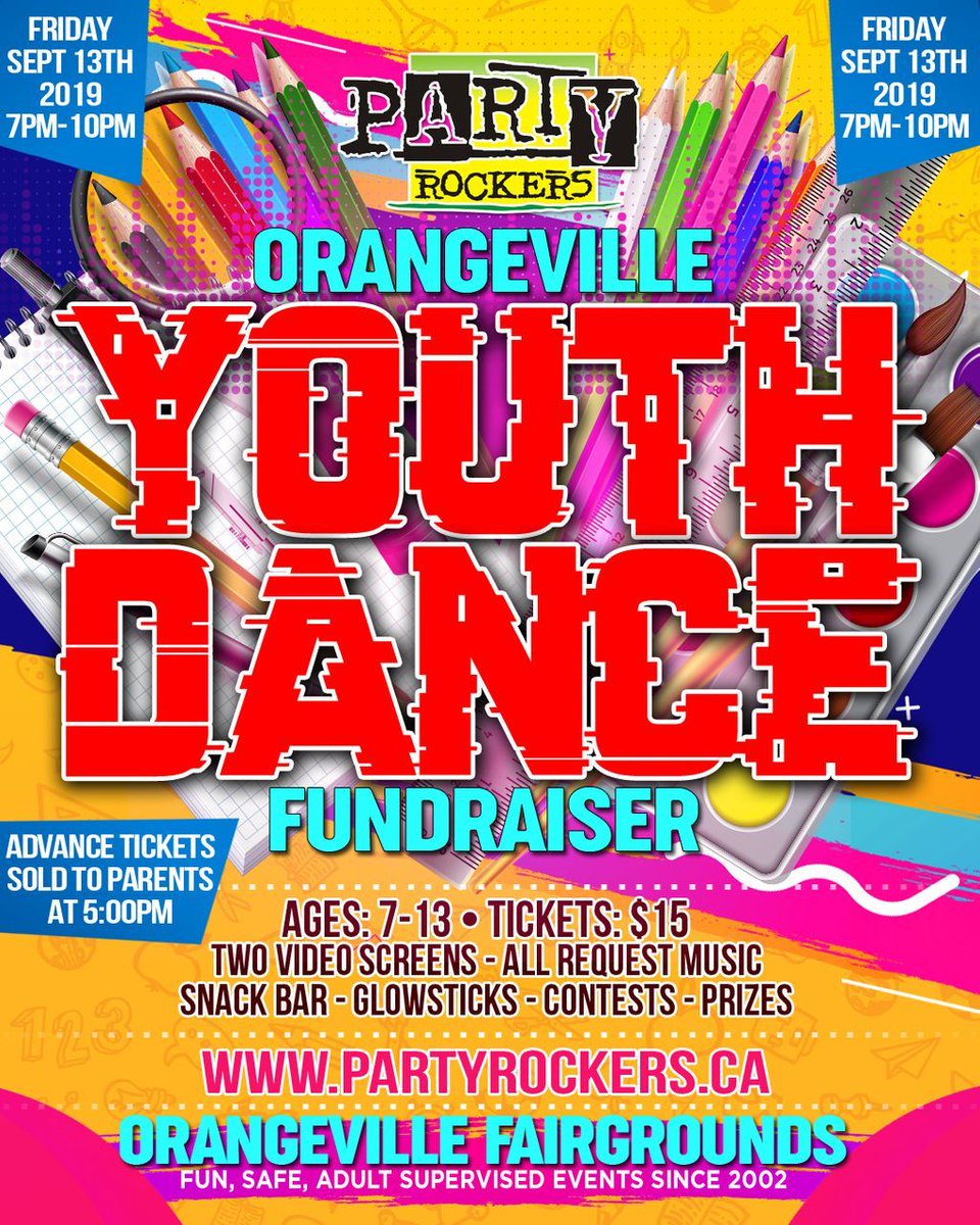 Tonight in Orangeville. Bring your kids out for a fun-filled night of dancing, games, contests and prizes. buff.ly/31qTJSJ

#partyrockers #partyrockersdance #youthdance #fundraiser #orangeville #videodanceparty #videodance #sportsfundraising