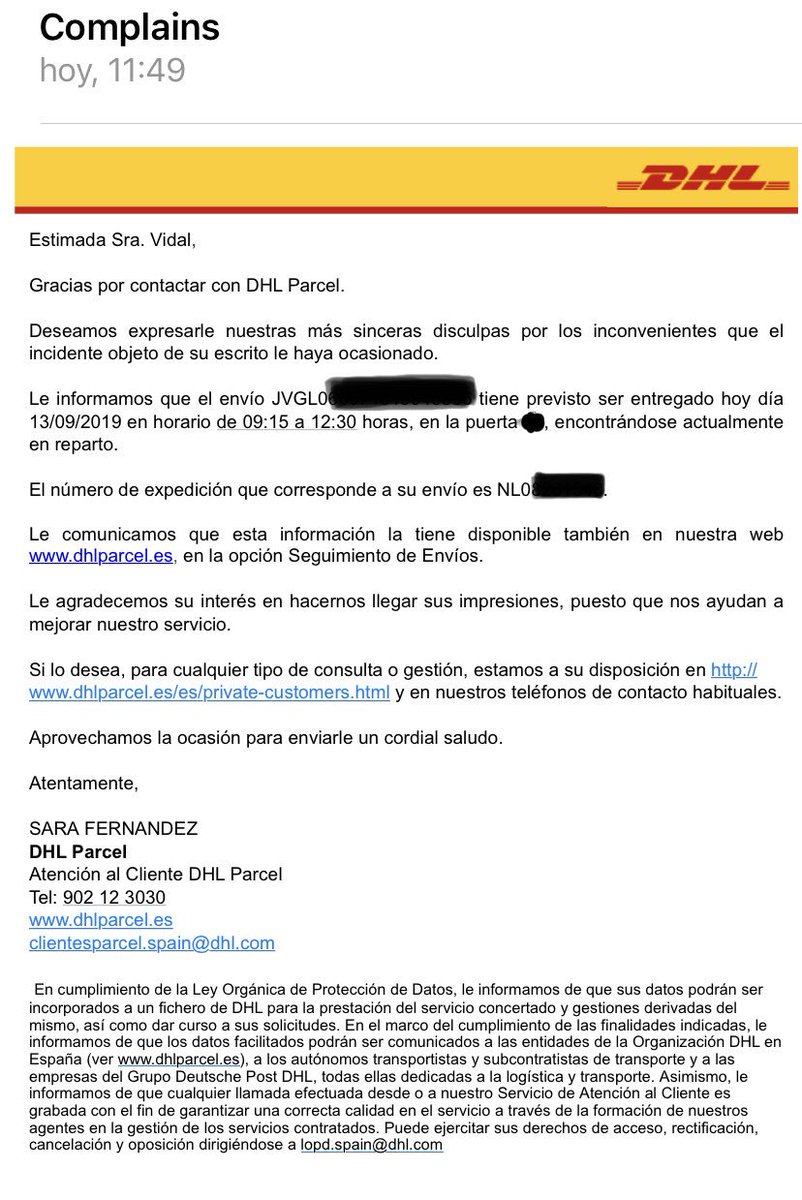 RaquelViBe's tweet photo. @DHLexpress @DHLParcelUK #DHLParcel 13.15h y aún sin entrega de mi paquete, solo 1 semana de retraso después de esperar 2 semanas, sin contactar conmigo ni dejar aviso ah! Y tras tener que llamar a un 902, la entrega prevista entre las 9.15 - 12.30 🤦🏻‍♀️ https://t.co/rT6L7yPRNT