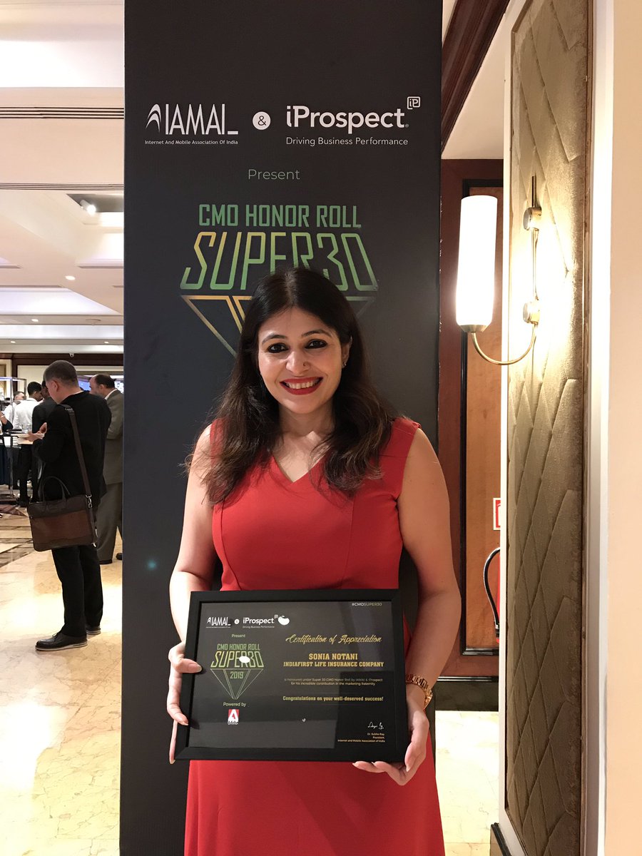 IndiaFirst_Life's tweet photo. We want to congratulate our CMO @SoniaNotani post the felicitation at #CMOSuper30. With her at the helm of IndiaFirst Life, our success is a #CertaintyOfLife.
@iProspectIndia @IAMAIForum https://t.co/1dkbRHPYrG