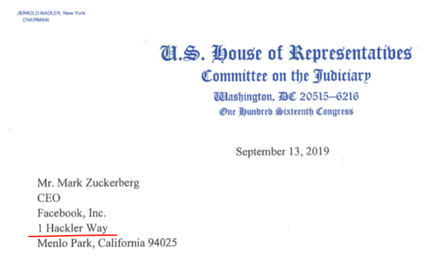 TypeMRT's tweet photo. .@HouseJudiciary can’t even get the @Facebook mailing address right. How can we be confident that the rest of the #competition investigation is going to be any better?
#HackerWay not #HacklerWay
https://t.co/562uOP9bSh https://t.co/DggVj9eKVP