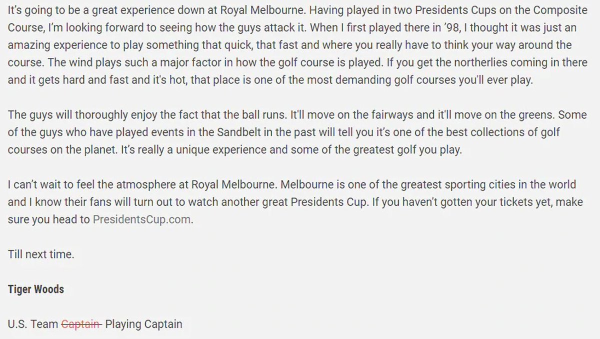 OGTigerTracker's tweet photo. Um, not sure how I missed this yesterday. Tiger wrote a Prez Cup captain’s blog for the PGA Tour's website and this is how he signed off…. 👀https://t.co/Cr1XvOKA9G https://t.co/91b7teu0uh