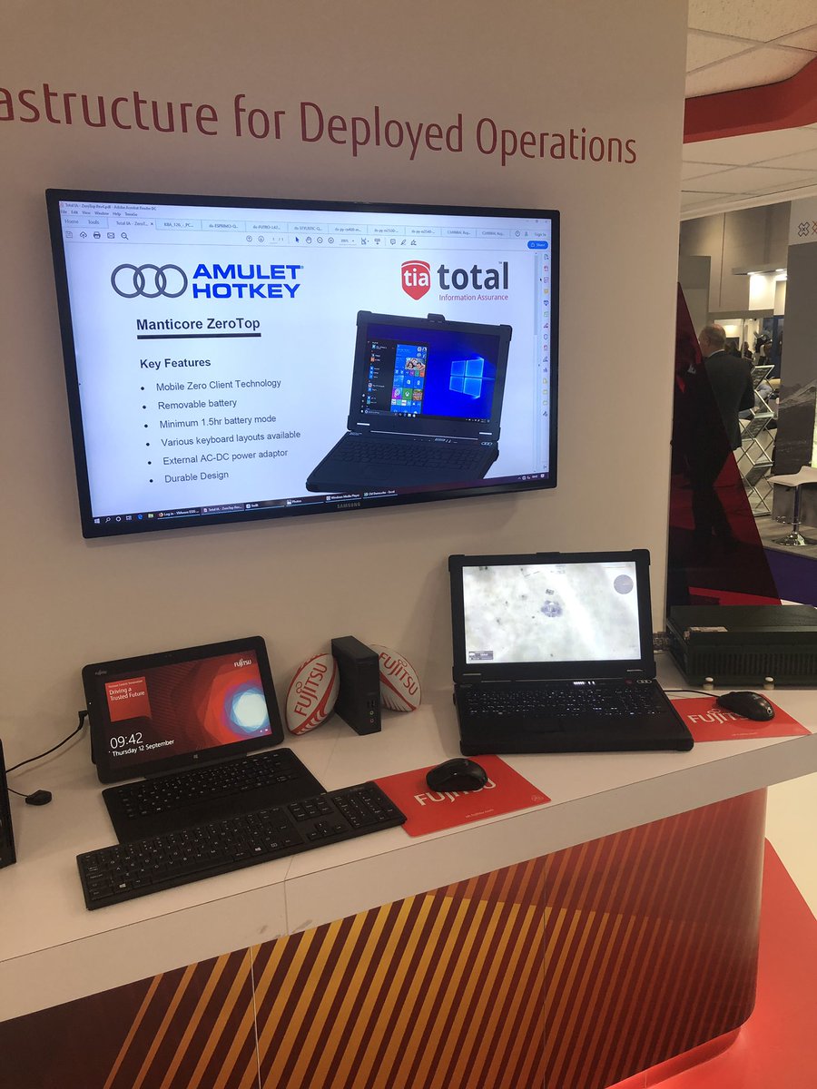 Total_IA's tweet photo. @Fujitsu_Defence Total IA benefitted from this SME collaboration from Fujitsu showing our new Manticore Zerotop zero-client on the very impressive Fujitsu stand at #DSEI2019 .  There was huge interest generated in our product and business. Thank you Fujitsu! @AmuletHotkey #glosbiz https://t.co/9PGE1Tb2Kr