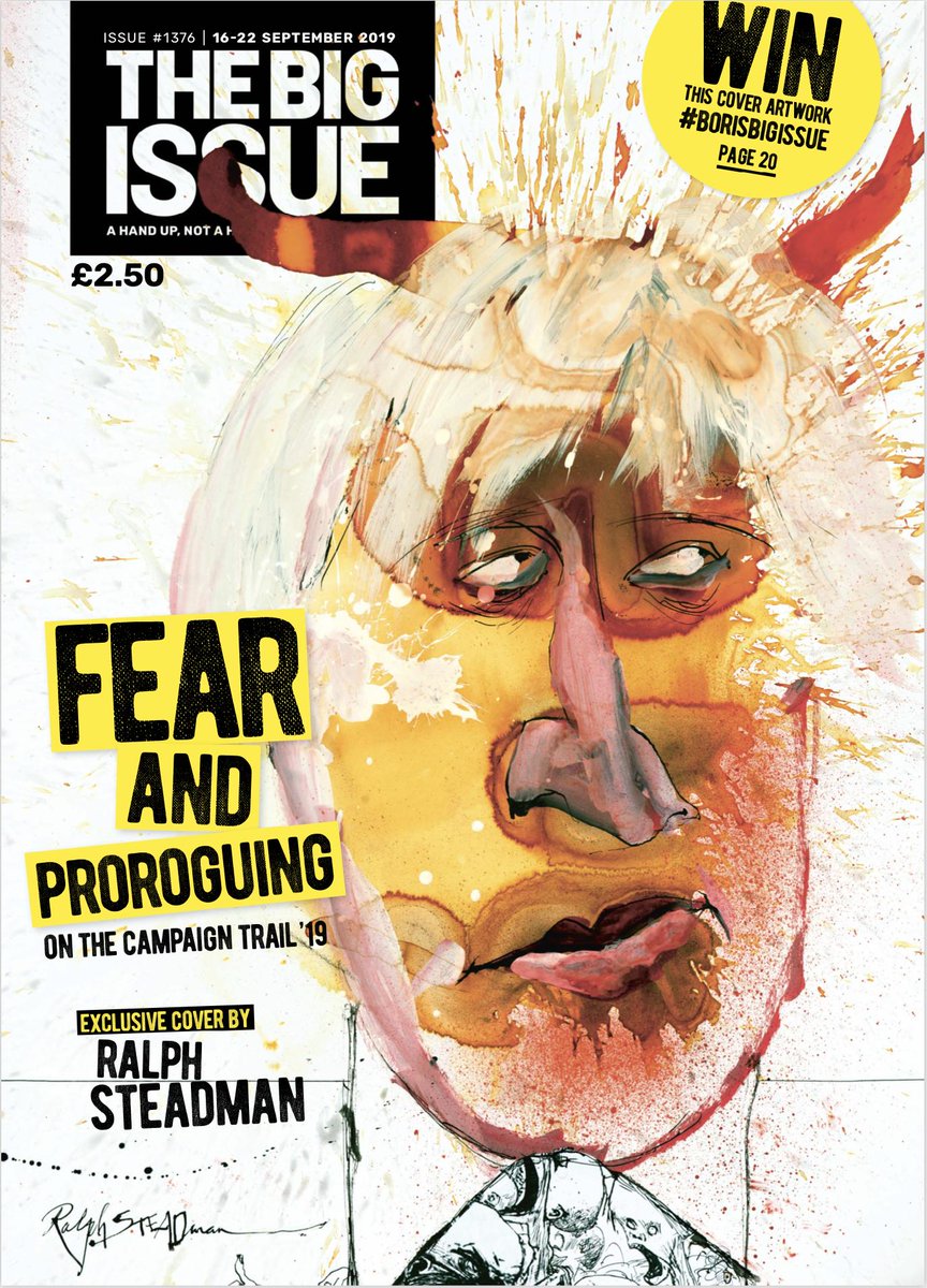 PauldMcNamee's tweet photo. Fear and proroguing on the campaign trail. It's Monday's @bigissue . Exclusive cover art created by the legendary @SteadmanArt. You can win a signed print by buying the mag and taking a selfie with it. Use #borisbigissue https://t.co/Jy1AmsbjYf