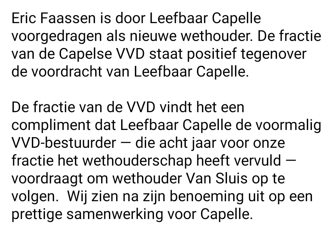 Onze reactie op de voordracht van Eric Faassen door Leefbaar Capelle 👇