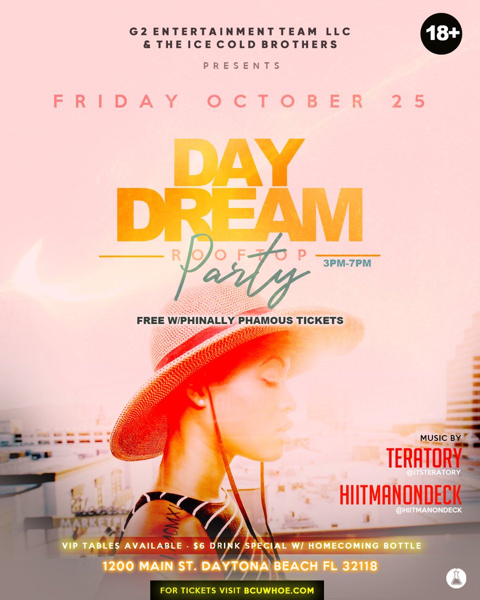 bcu_whoe's tweet photo. WHOE & @deltabetaalphas together?! It’s a hit! The Day Dream Rooftop Day Party at Joe’s Crab Shack.
🔸FREE w/#PhinallyPhamous ticket
🔸Early Bird tix until 10/6
🔸$6 drinks w/HC Bottle
🔸VIP Tables
🔸Music: @itsteratory & @hiitmanondeck
#WHOE #BCUHomecoming #BCUHC2K19 #BCUWHOE https://t.co/m1dCUjJprz