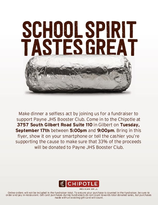 Save the date next Tuesday, Sept 17th!

Chipotle from 5-9 pm at Germann and Gilbert
- bring in flyer, show on phone, or be sure to mention you are with Payne!!