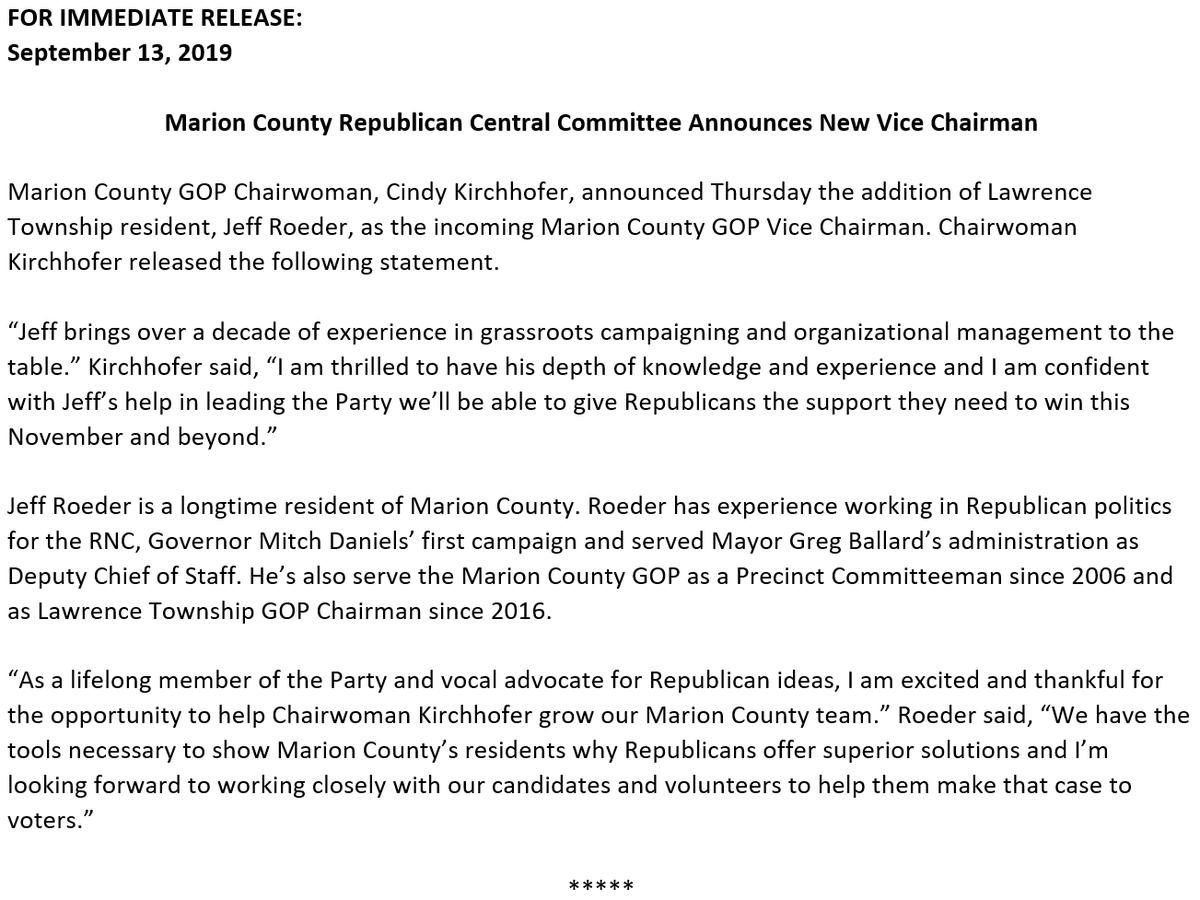 IndyGOP's tweet photo. Join us in Congratulating @jeffreyroeder on his selection as Marion County GOP Vice Chairman! https://t.co/PzeolvDNNF