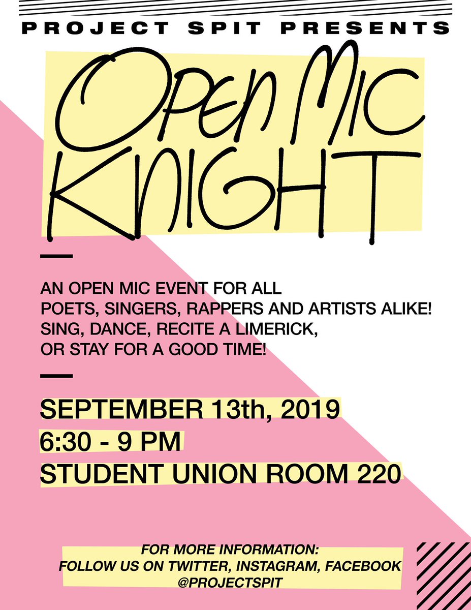 ProjectSPIT's tweet image. Afternoon, artists! We got a big event today: OPEN MIC KNIGHT! Sing a song, tell a joke, recite a poem, or stay for a good time! Happening TODAY at 6:30 PM! #ucf #projectspit #openmicknight #ucf19 #ucf20