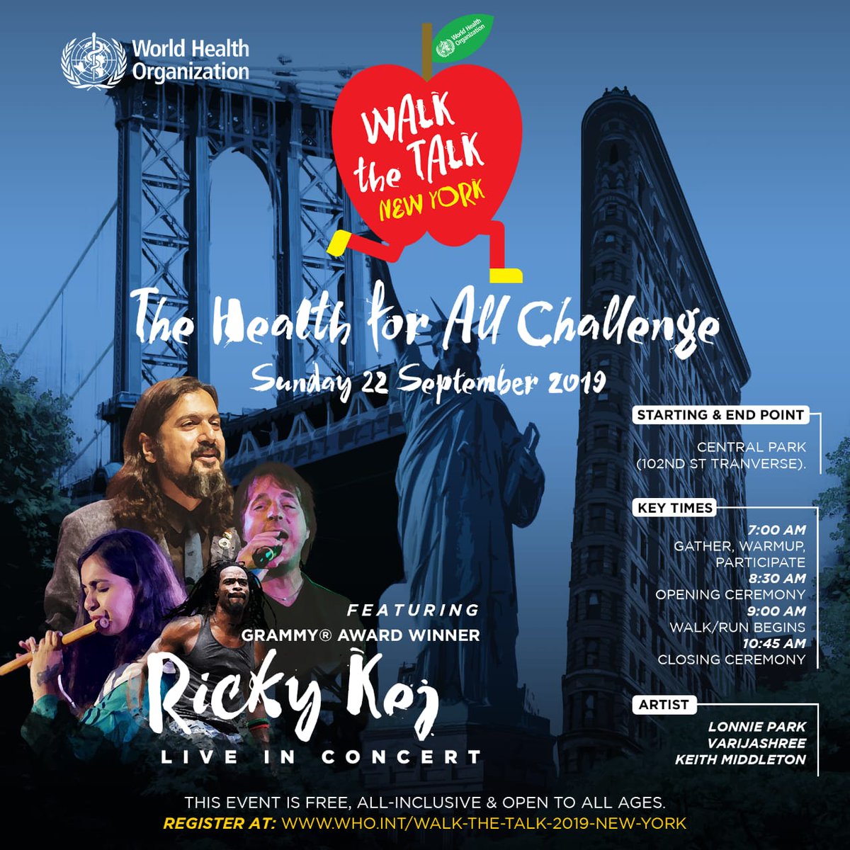 rickykej's tweet photo. New York! Iam performing with some amazing musicians at "Walk the Talk" @CentralParkNYC. Sunday 22nd Sept. Event is free. Register here: https://t.co/VoadUhjefB. This fun 4 mile run/walk by the @WHO brings together people from all over the world to celebrate health! Register now! https://t.co/hbHurHcKAp