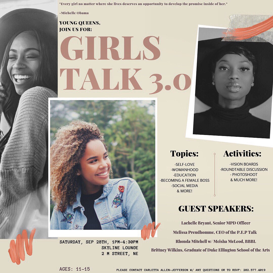 Young Queens (AGES 11-15) are welcomed to join us September 28th, for “GIRLS TALK 3.0” 

We will be having conversations about topics affecting young women. Attendees will also create vision boards! 

For inquiries about parent permission slips, email: CAllen@wcsmith.com