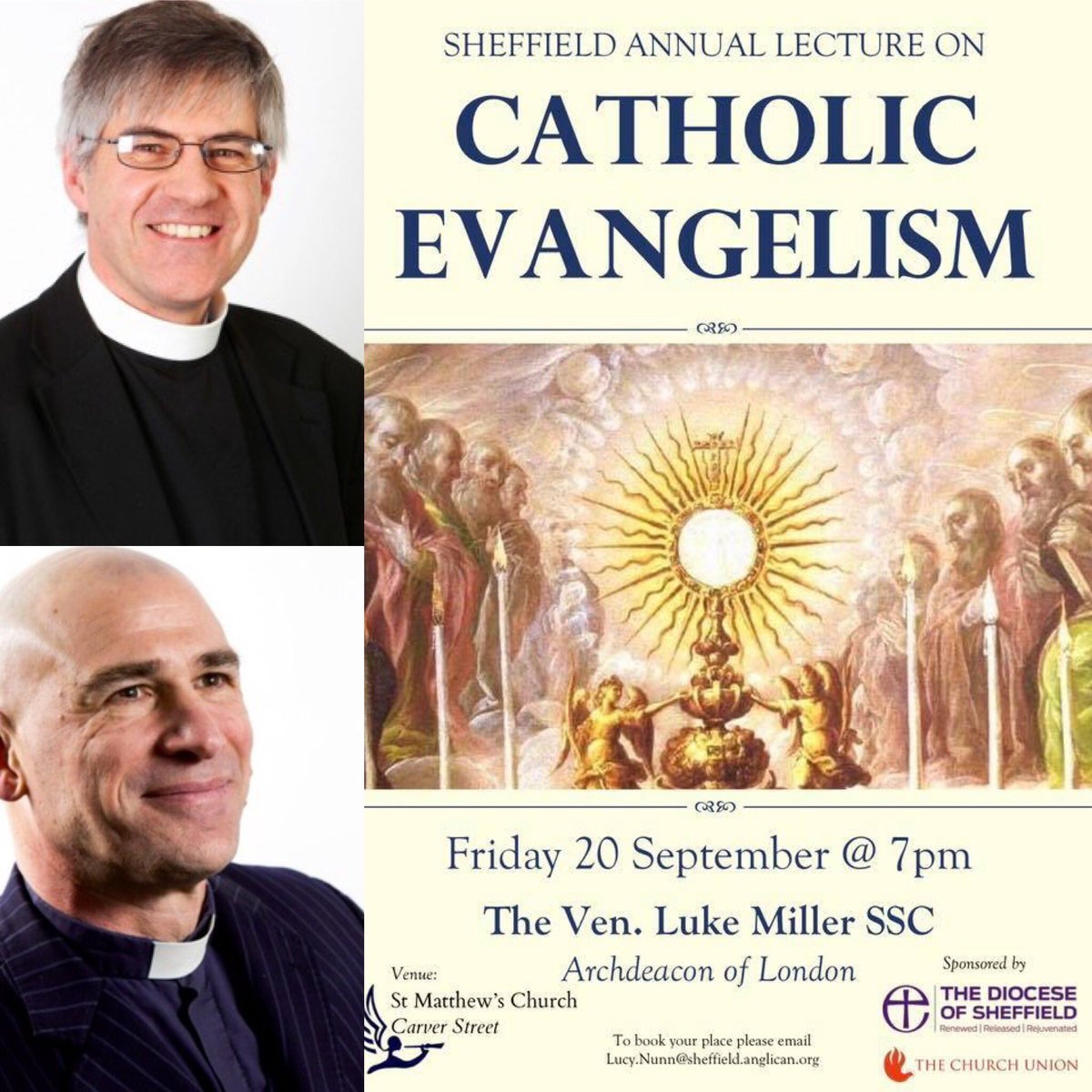 carver_street's tweet photo. Join Bishop Pete and others from across the diocese and beyond for the 2019 Catholic Evangelism Lecture. The Ven. Luke Miller, Archdeacon of London will address us. Booking via Lucy.nunn@sheffield.anglican.org @PeteWilcox1564 @ArchdeaconLuke @DioceseofSheff https://t.co/GySLZzyluS