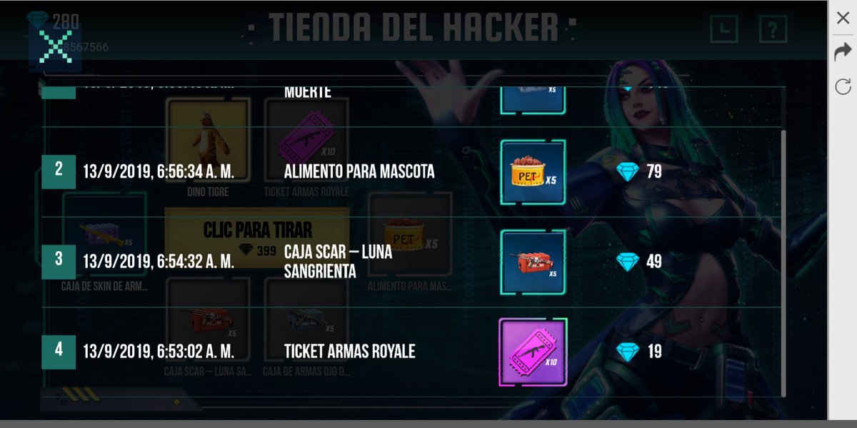 ANdbai21's tweet photo. @freefirelatino Gire la tienda del hacker y los tickets royal de armas aun no me los entregan!? Pronta respuesta por favor!! https://t.co/Ds6z3S302D