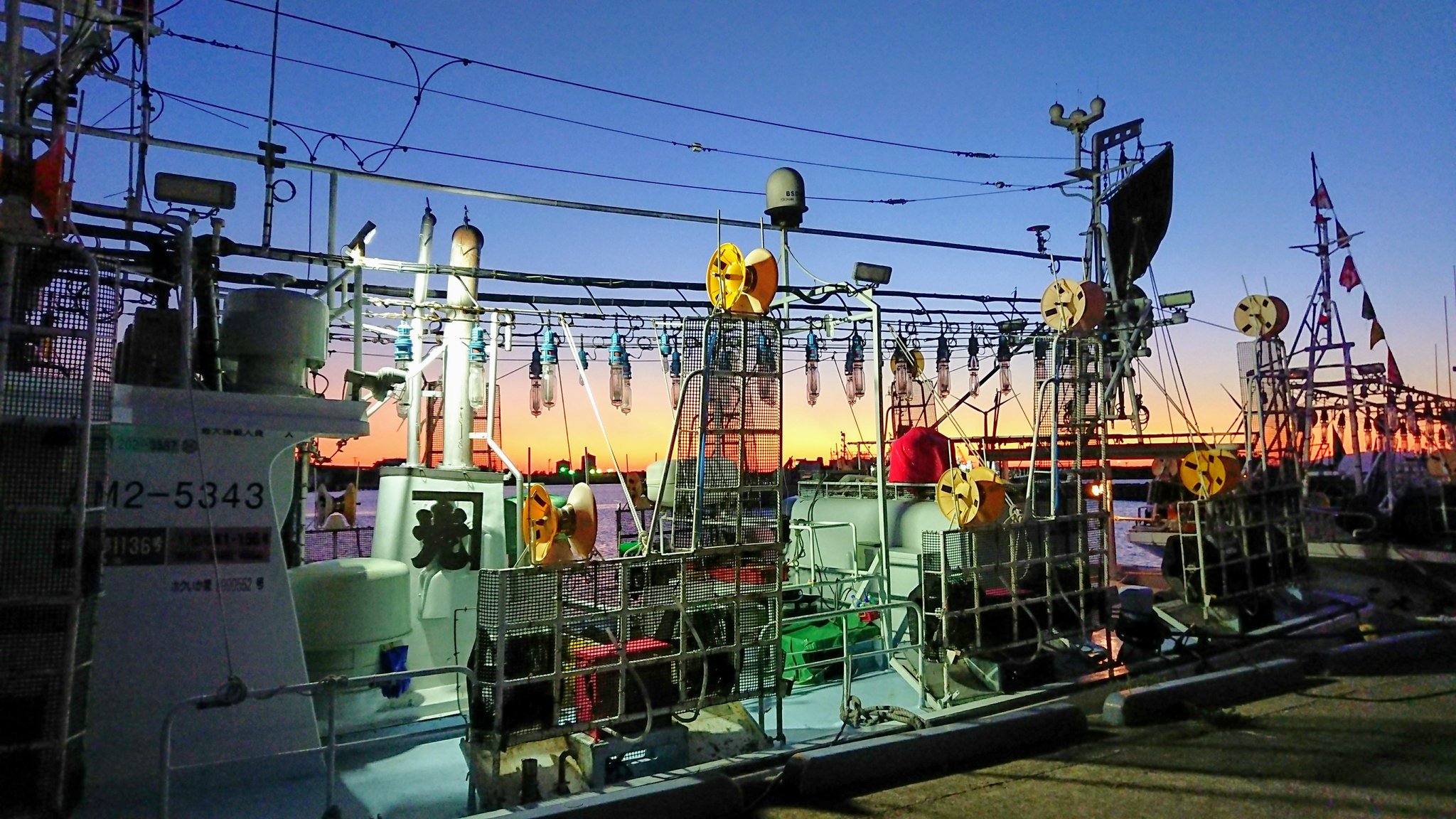 Yumi イカ釣り漁船 日暮れが進む秋田港を散策してたら こんな至近距離でイカ釣り漁船 思いのほかカラフルできれいで どこを見てもワクワクが満ちあふれてた ᴗ 今日1番のご褒美風景٩ ۶