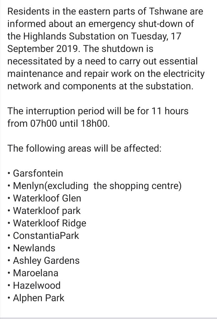 Planned shutdown of the #Highlands substation.