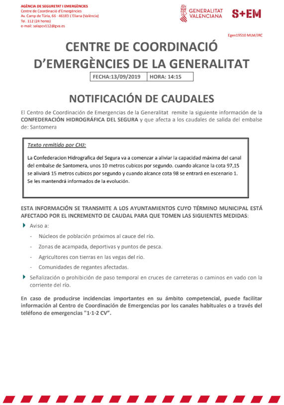 GVA112's tweet photo. El Centro de Coordinación de Emergencias informa a los municipios afectados que la @chsriosegura  va a comenzar a aliviar el embalse de Santomera y recomienda #Precaución 
➡️Súbete a zonas altas, no circules por zonas inundadas, aléjate de ríos, torrentes, barrancos o sus puentes https://t.co/iLBLKF1ZXR