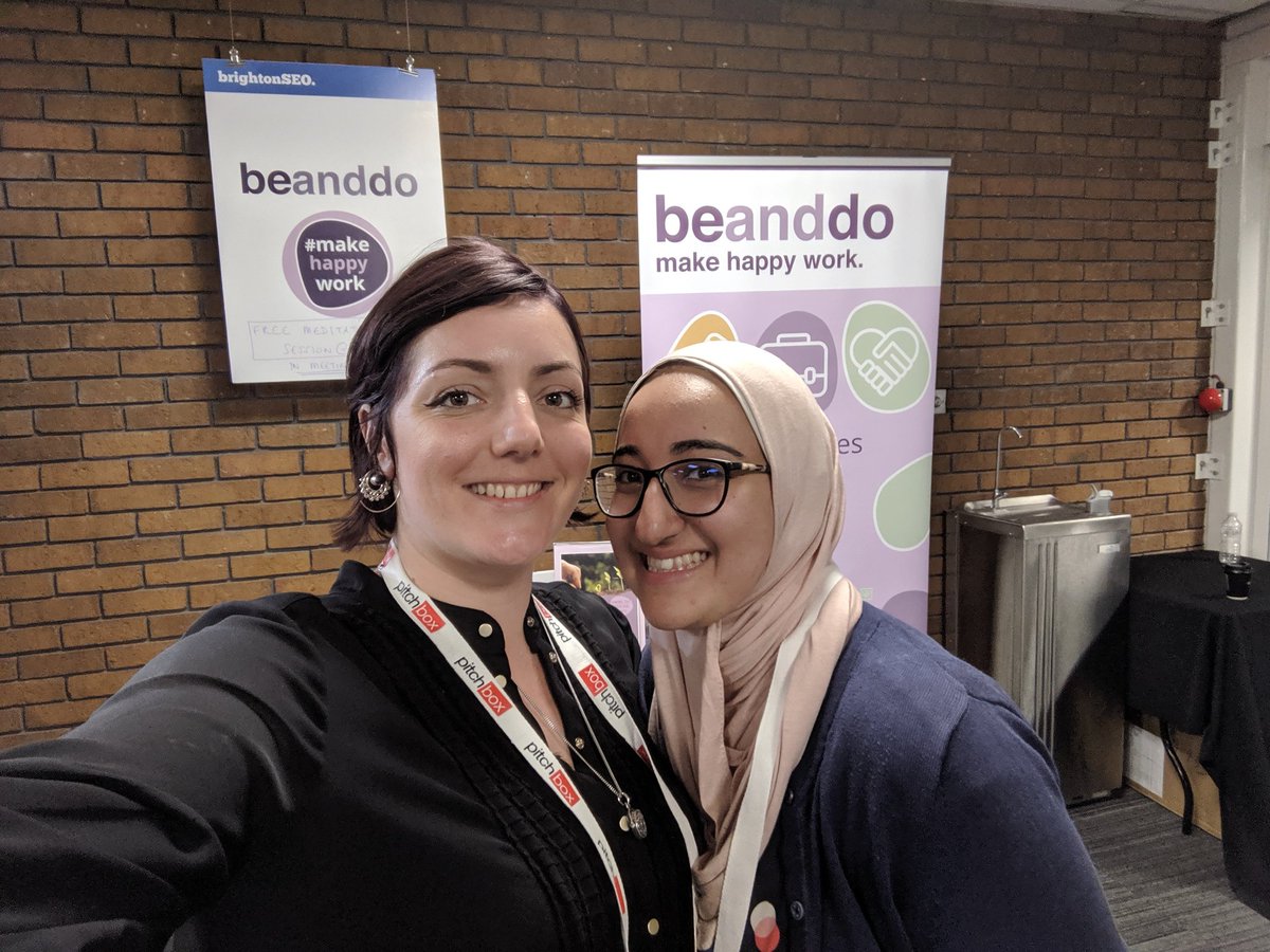 BrionyGunson's tweet photo. Awesome to bump into these beautiful souls at @brightonseo - @areej_abuali and @PhoebeYates ! Spreading happiness vibes with their big smiles 😄 see you both at meditation session 3:45pm! Meeting Room 5 #BrightonSEO  #MakeHappyWork https://t.co/FsjjwVFvlu