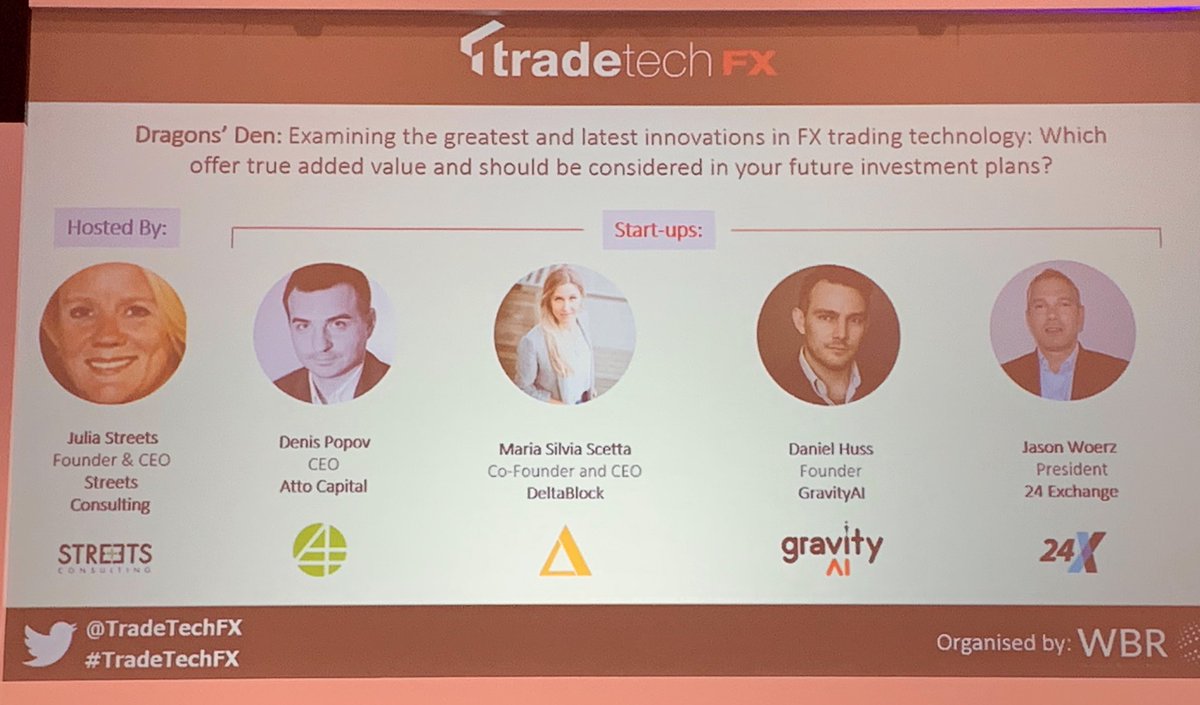 StreetsConsult's tweet image. .@TradeTechFX now: our CEO @streets_julia is moderating Dragons’ Den, examining latest innovations in #FXtrading with: Denis Popov, Atto Capital; @MariaScettaT @deltaBlock_; Daniel Huss, GravityAI; and Jason Woerz, 24 Exchange #TradeTEchFX
