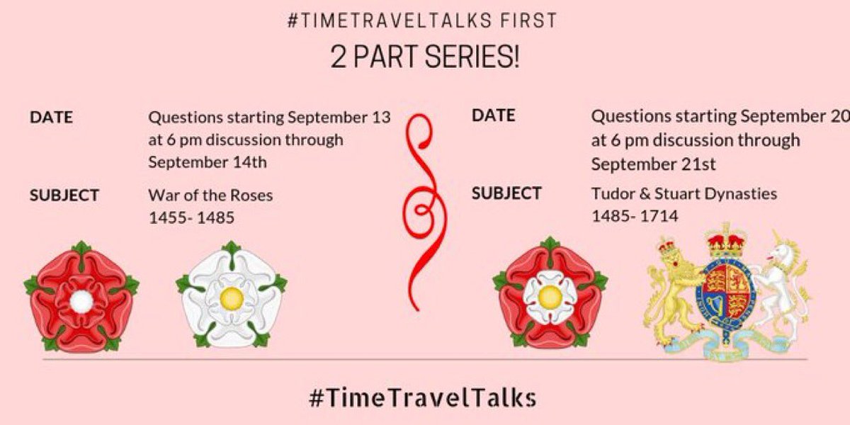 PeacoatTravels's tweet photo. Tonight + tommorow is our 
#TimeTravelTalks discussion on #WarsofthRoses! If you have any last minute ?s, send them to @KaraDiDomizio , @layla_d13, or @TimeTravelTalks. Ice breakers start around 3/4ET and questions start at 6 ET running through 9/14. 
#history #twitterstorians https://t.co/JkLrrSgfVS