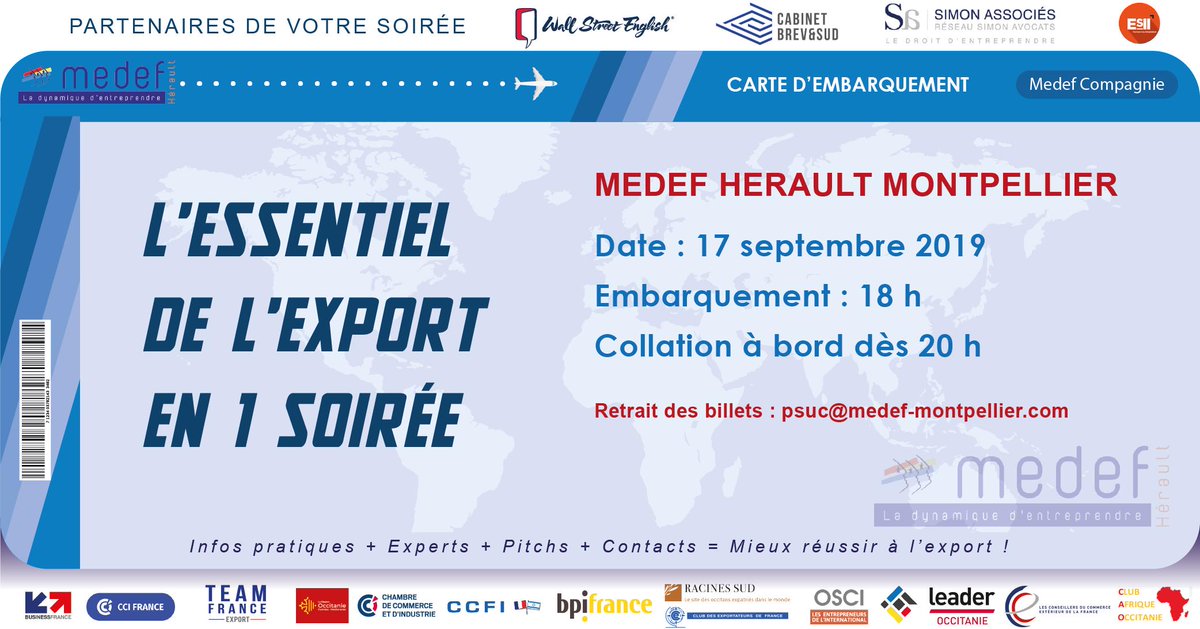 ✈️ 17/09 à 18h00, nous vous donnons rendez-vous au <a href="/Medef34/">Mouvement des Entreprises de France #medef34</a> pour notre grande soirée consacrée à l’export. ✈️📆Au programme :➡️#Experts➡️#Pitchs➡️#Contacts➡️ #Bestpractices pour mieux réussir à l’#export !➡️ Retrait des billets : psuc@medef-montpellier.com #export #international