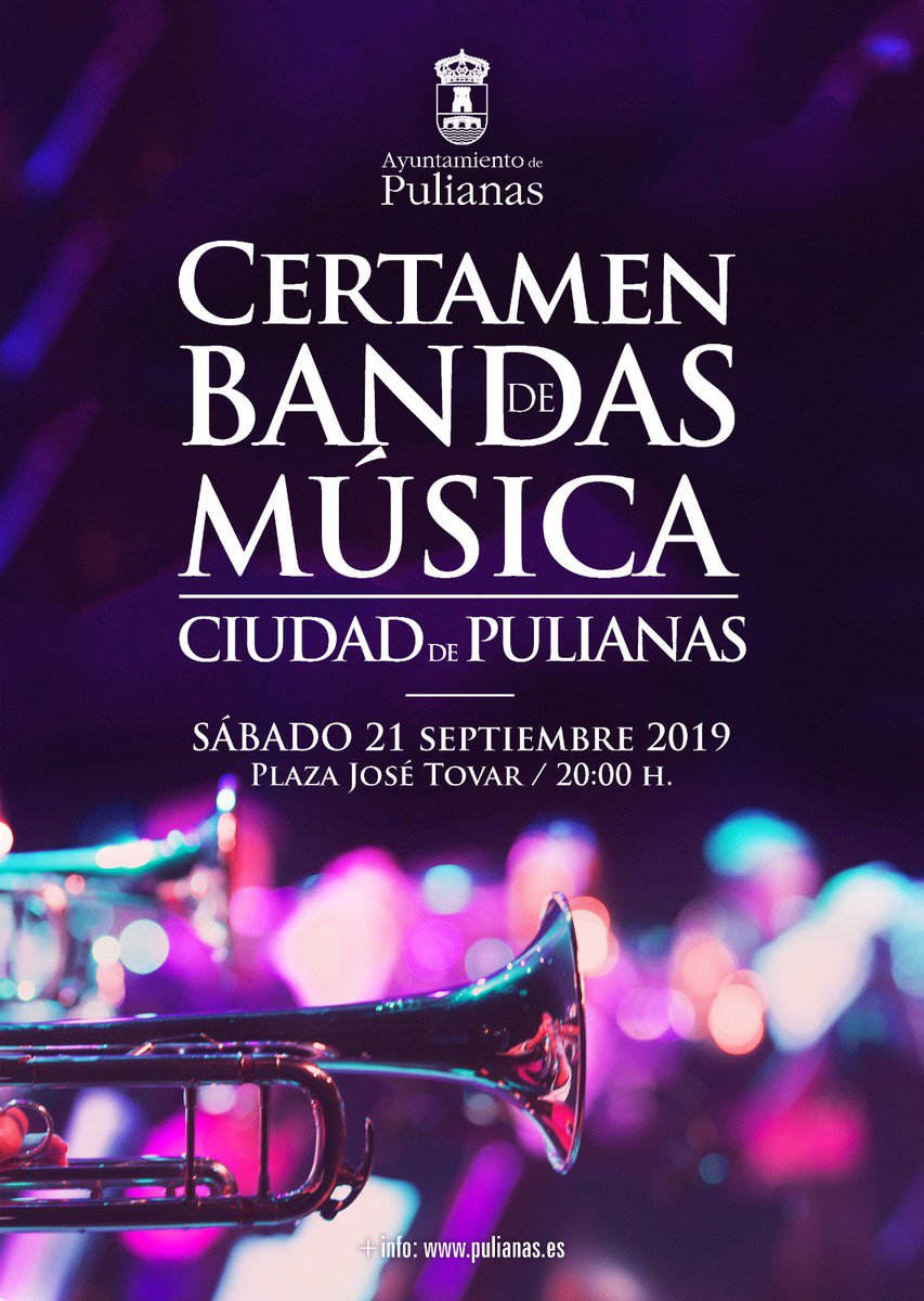 El próximo sábado 21 de septiembre actuaremos en el Certamen de Bandas de Música Ciudad de Pulianas.
Compartiremos un buen rato de música con la Banda de Música de Huétor Santillán y, por supuesto, con la Banda de Música de Pulianas y el público. <a href="/BMMP1990/">BMMP</a>.