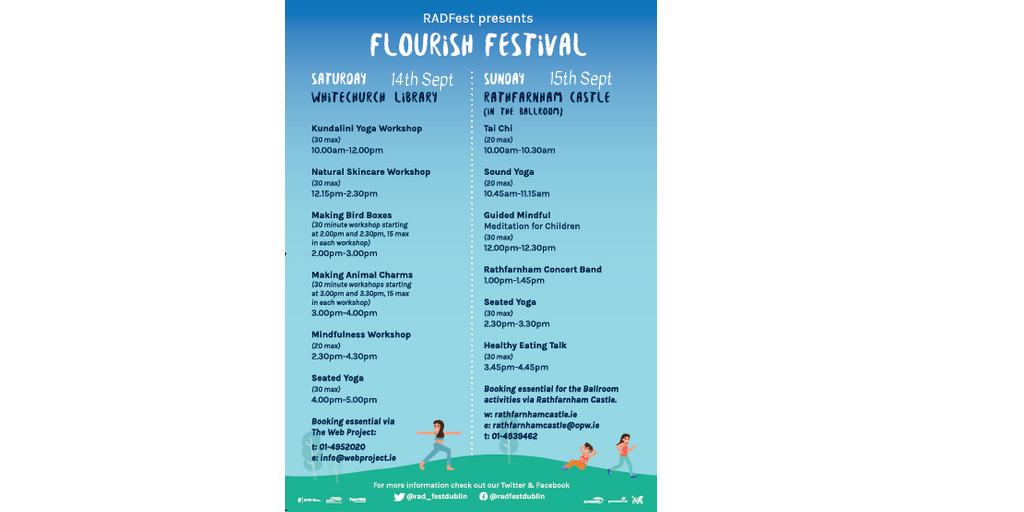 RAD_FESTDUBLIN's tweet photo. There are some places left for our Festival Activities.  In case you missed it here is our line up.  Come along Sat &amp; Sunday something for all the family.  All events  #free #yoga #thaichi #Mindfulness #wellness #Rathfarnham #TAICHI #Festival2019 #HealthyEating #familyfriendly https://t.co/NO4zOlL8tj