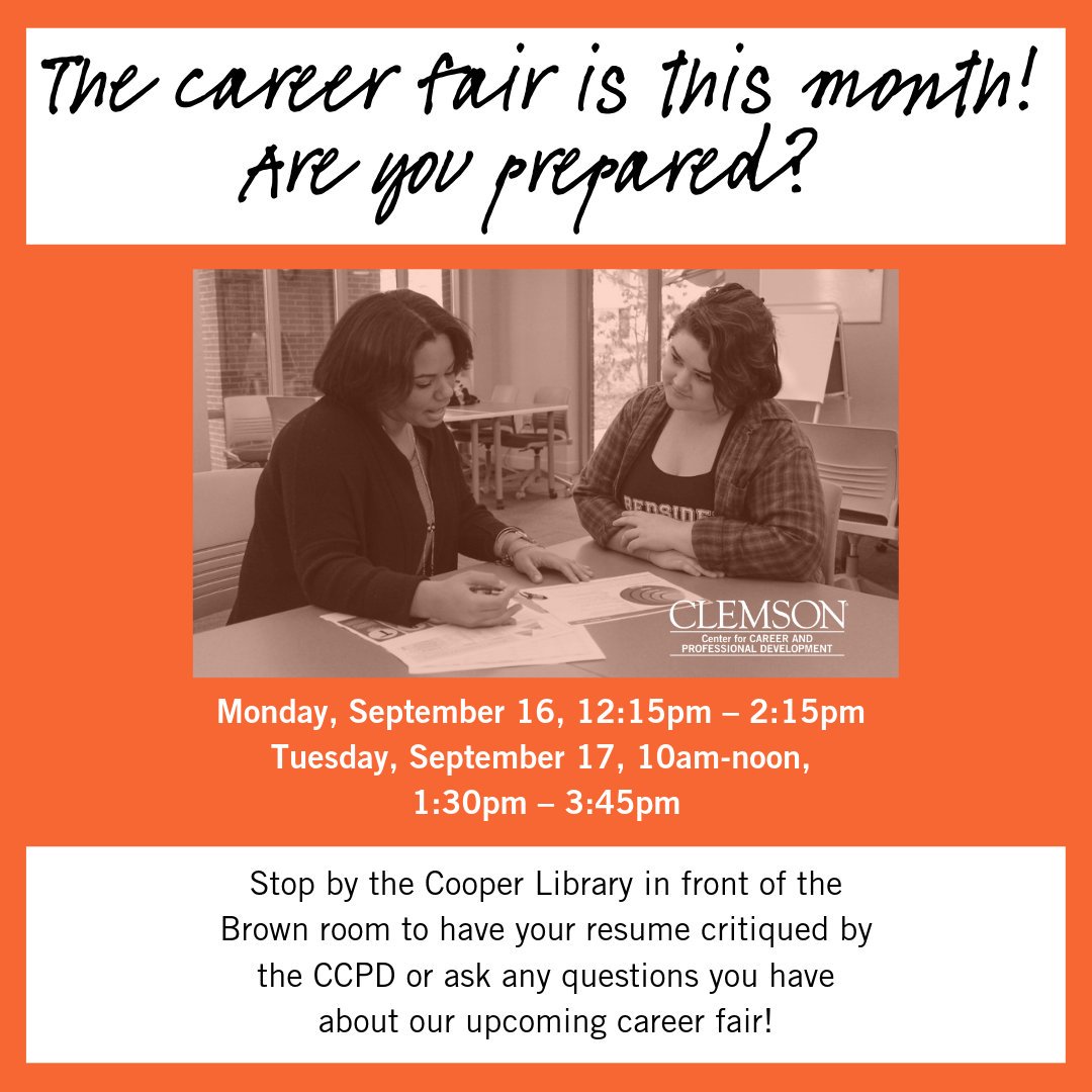 The Career Fair is this month! 
Are you prepared?? Stop by the Cooper Library in front of the Brown room to have your resume critiqued by the CCPD or ask any questions you have about our upcoming fair!