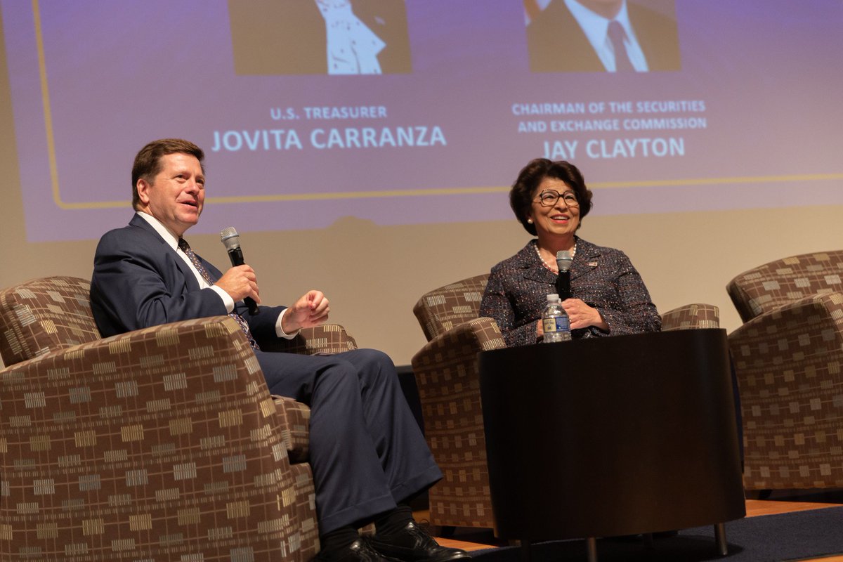 SECGov's tweet photo. Yesterday Chairman Clayton spoke with U.S. Treasurer Jovita Carranza at the @CommerceGov's inaugural First Generation Professionals Summit. They discussed her inspirational journey, the value of diversity in the workplace, and the importance of financial literacy. https://t.co/7b3NmKtnql