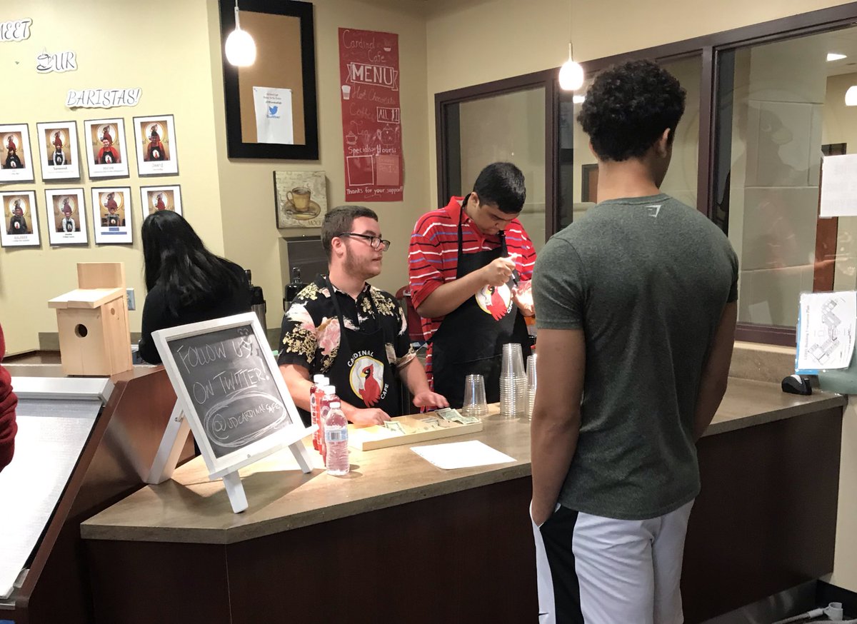 UDHSCardinals's tweet photo. At the end of the first full week of school, the Cardinal Cafe provided a great boost of energy and enthusiasm as it reopened for the 2019-20 school year.  A big thanks to all of the students and staff who make it such a success! #udsd https://t.co/Wp8eO3AWTI