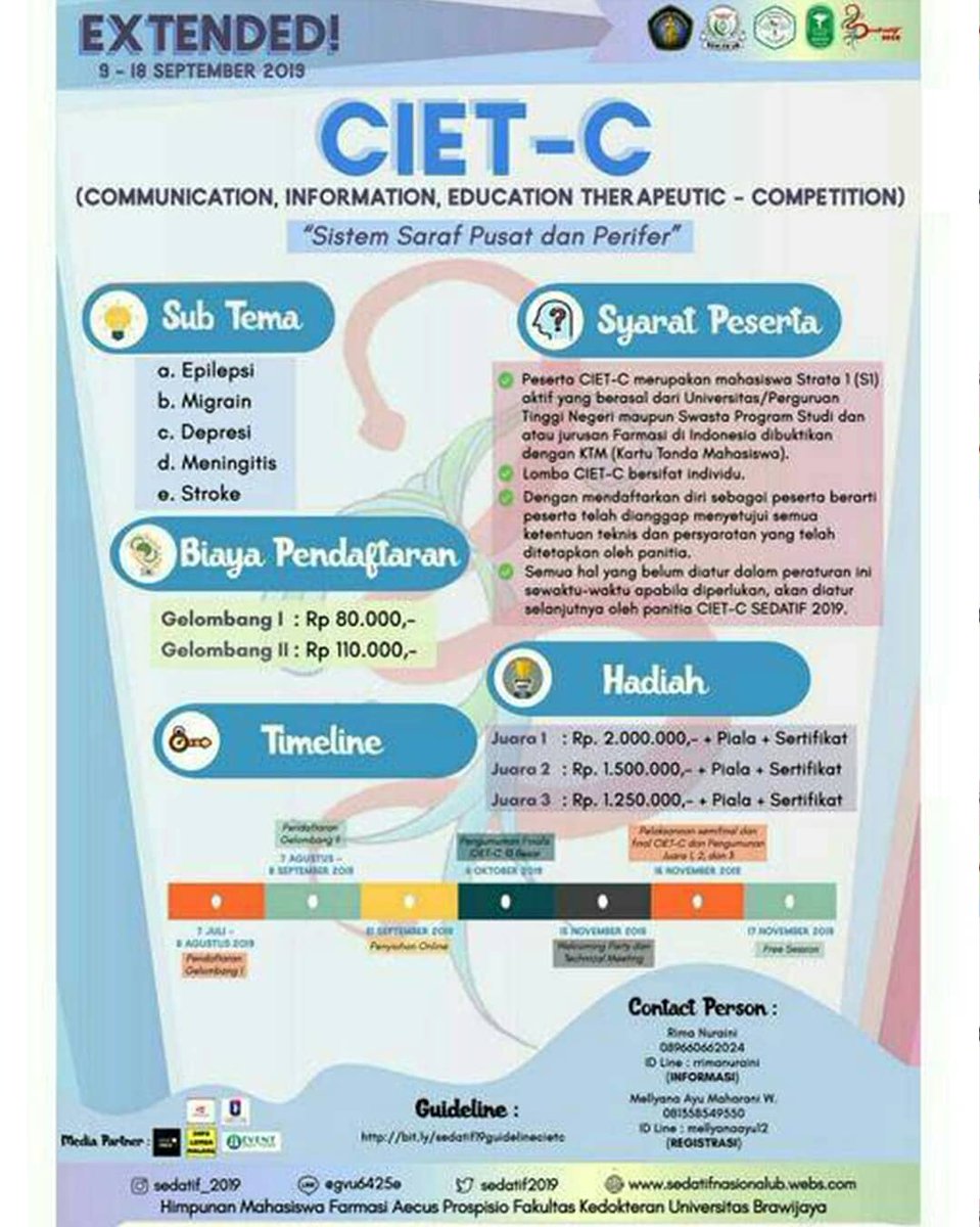 [📣 OPEN EXTENDED REGISTRATION POSTER COMPETITION SEDATIF 2019 📣]

🔔 Contact Person: 🔔
📌 Firda Khoirunnisa 082146576548
(Line : firdafirdakh) (INFORMASI)
📌 Seto Putra Ajipratama 089655092162 (Line : seto.otes)

📱Instagram : @sedatif_2019
🔔Twitter : @sedatif2019