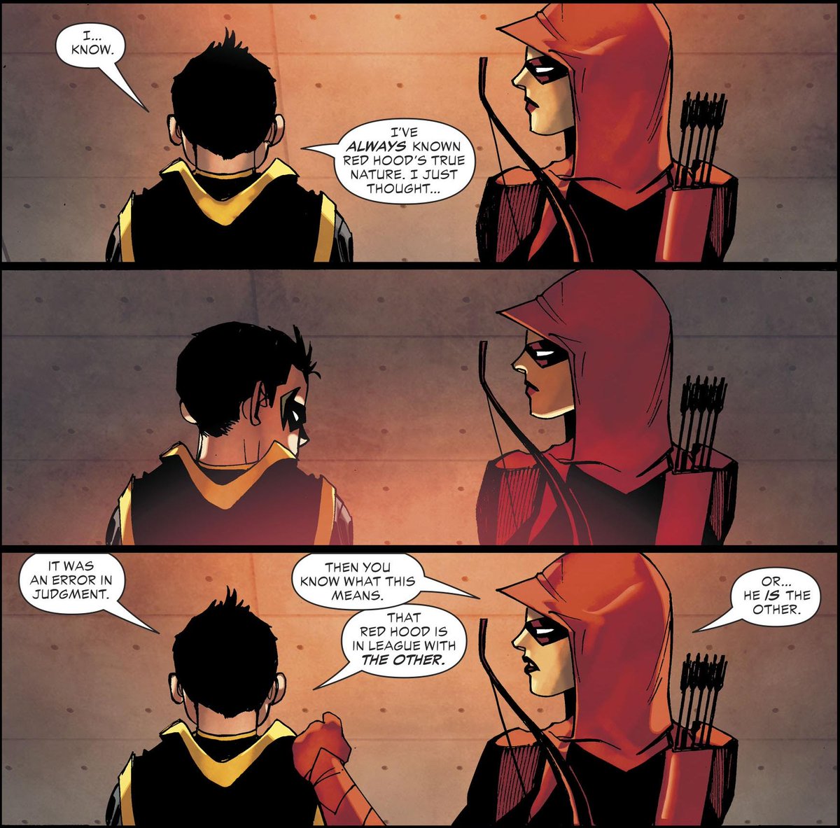 As you see in the panel above (which is from Teen Titans #28, throughout this whole arc, Emiko has been looking out for Damian. Previous hints to this are in Issue #26 and even as far back as Issue #20, the start of this new line-up