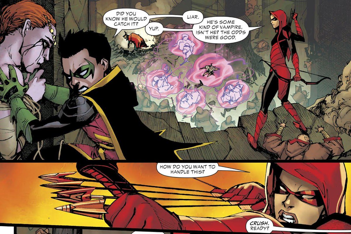 As you see in the panel above (which is from Teen Titans #28, throughout this whole arc, Emiko has been looking out for Damian. Previous hints to this are in Issue #26 and even as far back as Issue #20, the start of this new line-up